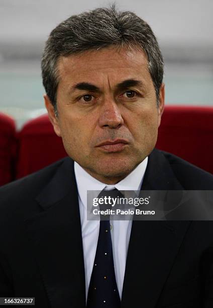 Fenerbahce SK head coach Aykut Kocaman looks on during the UEFA Europa League quarter final match second leg between S.S. Lazio and Fenerbahce SK at...