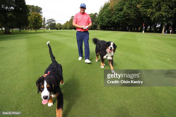 Padraig Harrington of Ireland walks with his dogs, Wilson and Setanta on the 10th hole during the Pro-Am prior to the Horizon Irish Open at The K...