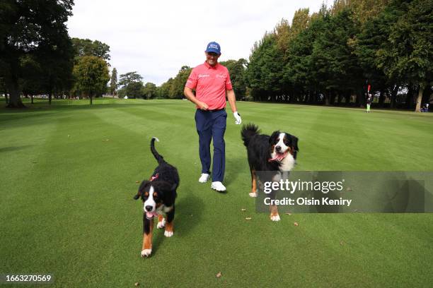 Padraig Harrington of Ireland walks with his dogs, Wilson and Setanta on the 10th hole during the Pro-Am prior to the Horizon Irish Open at The K...