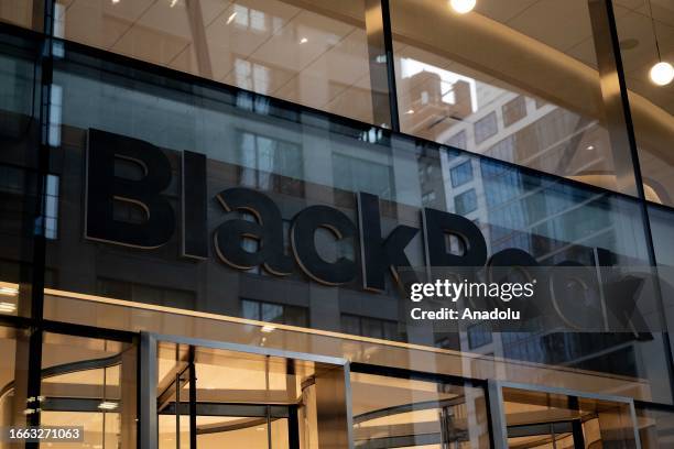 View of the headquarters of Black Rock, one of the leading fossil fuel companies, as climate activists protest against fossil fuel use in Manhattan,...