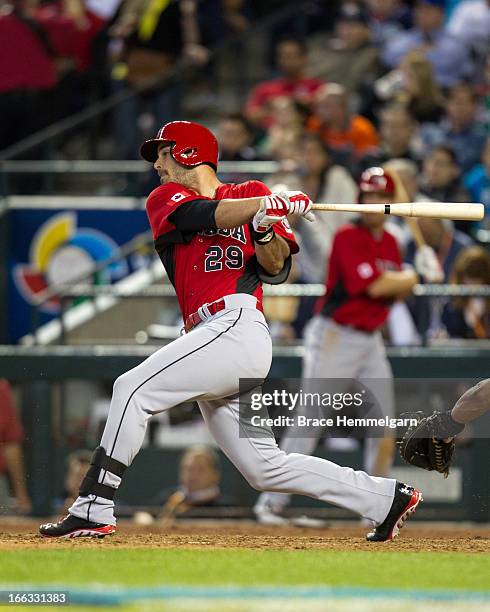 Jimmy Van Ostrand of Canada bats against Mexico during the World Baseball Classic First Round Group D game on March 9, 2013 at Chase Field in...