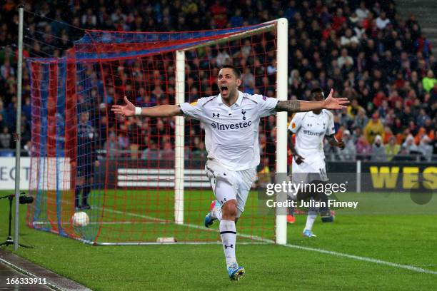 Clint Dempsey of Spurs cellebrates after scoring his team's second goal during UEFA Europa League quarter final second leg match between FC Basel...