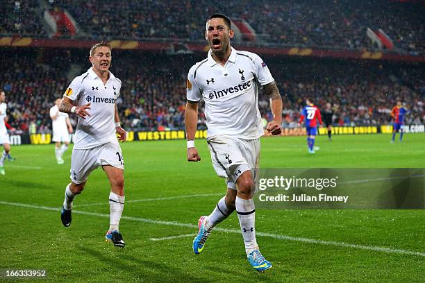 Clint Dempsey of Spurs celebrates after scoring his team's second goal during UEFA Europa League quarter final second leg match between FC Basel 1893...