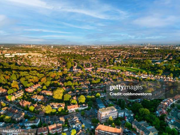 aerial view of streets and houses in muswell hill area of london, uk - aerial shots stock pictures, royalty-free photos & images