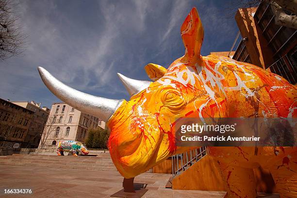 With the sun comes the force" is a rhinoceros painted by artist JonOne for the exhibition funny zoo on April 11, 2013 in Marseille, France. Marseille...