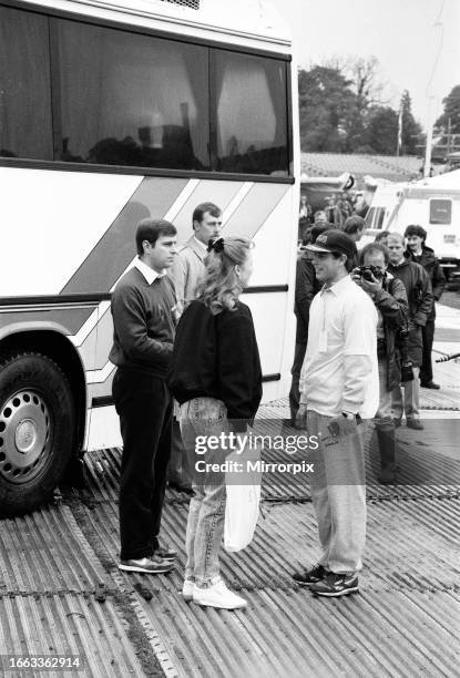 Prince Andrew, Duke of York, Sarah Ferguson, Duchess of York, and Prince Edward arriving to record 'The Grand Knockout Tournament', also known as...