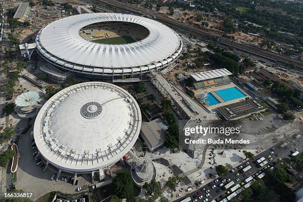 Aerial view of the Maracanazinho stadium , the Julio Delamare Aquatic Park and the Maracana Stadium as they undergo renovations ahead the Rio 2016...