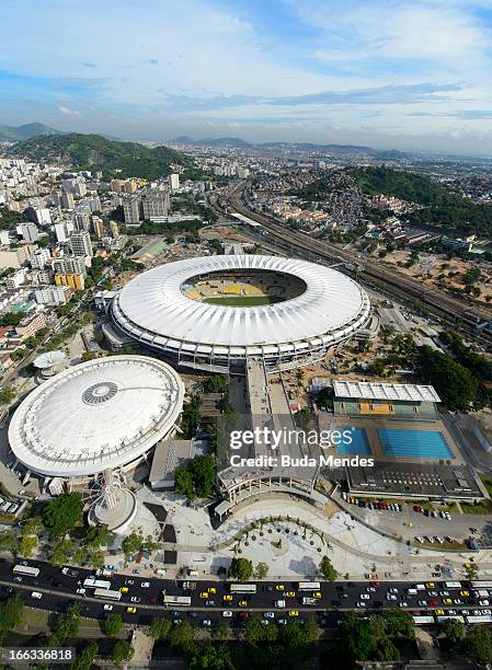 Aerial view of the Maracanazinho stadium , the Julio Delamare Aquatic Park and the Maracana Stadium as they undergo renovations ahead the Rio 2016...