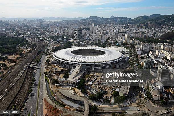 Aerial view of the Maracanazinho stadium , the Julio Delamare Aquatic Park and the Maracana Stadium as they undergo renovations ahead the Rio 2016...