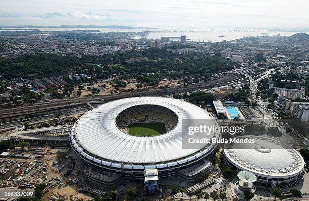 Aerial view of the Maracanazinho stadium , the Julio Delamare Aquatic Park and the Maracana Stadium as they undergo renovations ahead the Rio 2016...