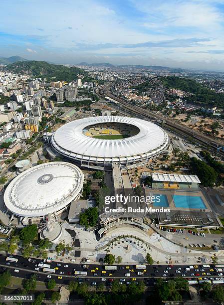 Aerial view of the Maracanazinho stadium , the Julio Delamare Aquatic Park and the Maracana Stadium as they undergo renovations ahead the Rio 2016...