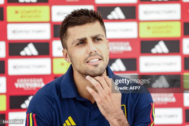 Rodri Hernandez attends to the media during the Spain Team concentration at Ciudad del Futbol on September 06 in Las Rozas, Madrid, Spain.