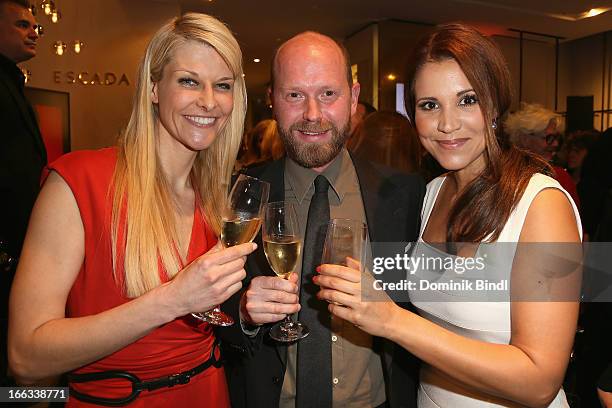 Natascha Gruen, Daniel Wingate and Karen Webb attend the Escada and De Rigo Vision Eyewear Design Contest Cocktail on April 11, 2013 in Munich,...