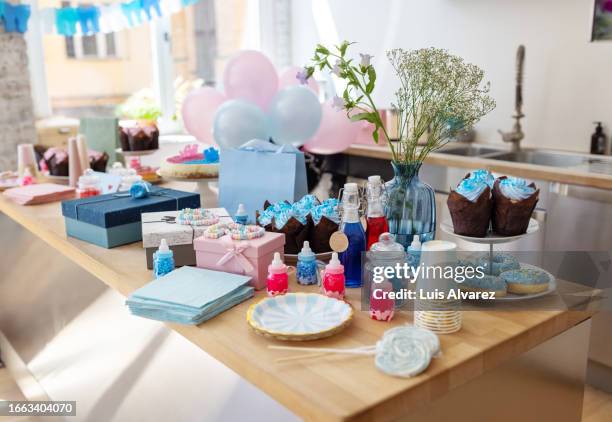 baby shower party table with sweets - baby shower stock pictures, royalty-free photos & images