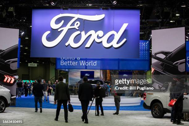 The entrance to the Ford exhibit is shown at the 2023 North American International Detroit Auto Show on September 13, 2023 in Detroit, Michigan. The...