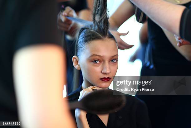 Models prepare backstage for the Lisa Ho show during Mercedes-Benz Fashion Week Australia Spring/Summer 2013/14 at Art Gallery NSW on April 10, 2013...