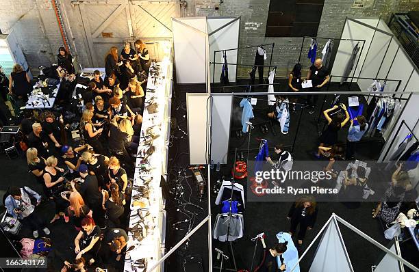 General view of backstage during Mercedes-Benz Fashion Week Australia Spring/Summer 2013/14 at Carriageworks on April 10, 2013 in Sydney, Australia.