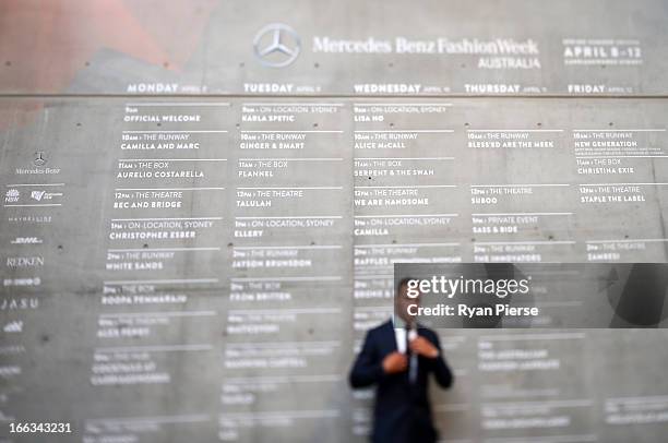 The schedule is seen during Mercedes-Benz Fashion Week Australia Spring/Summer 2013/14 at Carriageworks on April 9, 2013 in Sydney, Australia.