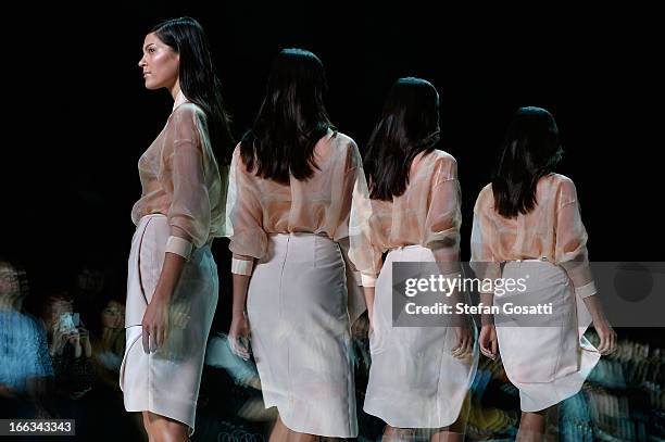 Model showcases designs by Jamie Ashkar on the runway at the New Generation show during Mercedes-Benz Fashion Week Australia Spring/Summer 2013/14 at...