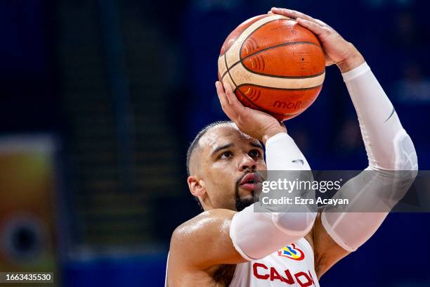 Dillon Brooks of Canada shoots a free throw during the FIBA Basketball World Cup quarter final game between Canada and Slovenia at Mall of Asia Arena...