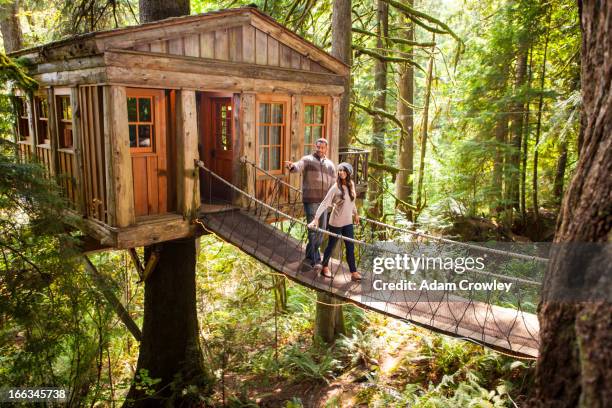 couple on walkway of remote tree house - adult treehouse bildbanksfoton och bilder