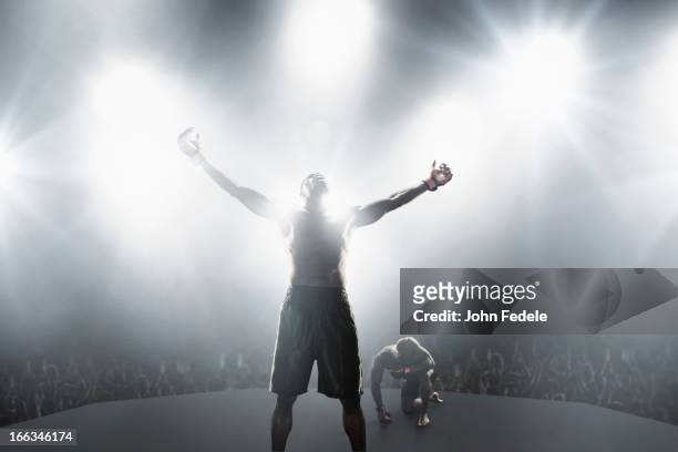 light shining from behind winning african american mma boxer - mixed martial arts stockfoto's en -beelden