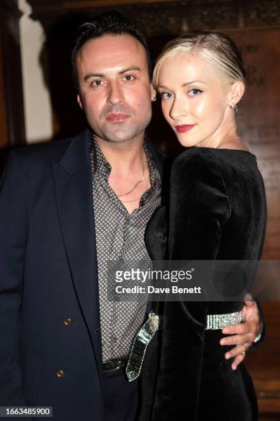 Pete Denton and Portia Freeman attend the Wave Wrangler charity dinner at Vintners' Hall in aid of the British Heart Foundation on September 13, 2023...