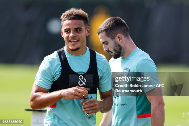 Max Aarons of Bournemouth looks on during a training session at Vitality Stadium on September 06, 2023 in Bournemouth, England.