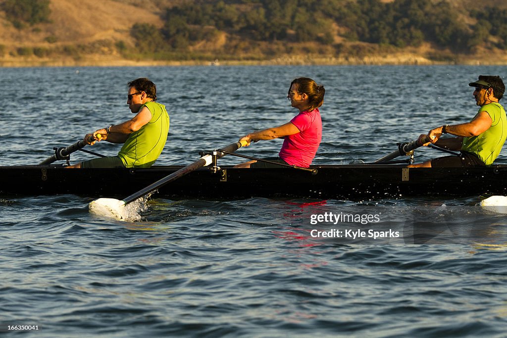 Men and women of the Lake Casitas Rowing Team work on some drills at Lake Casitas in Ojai, California.