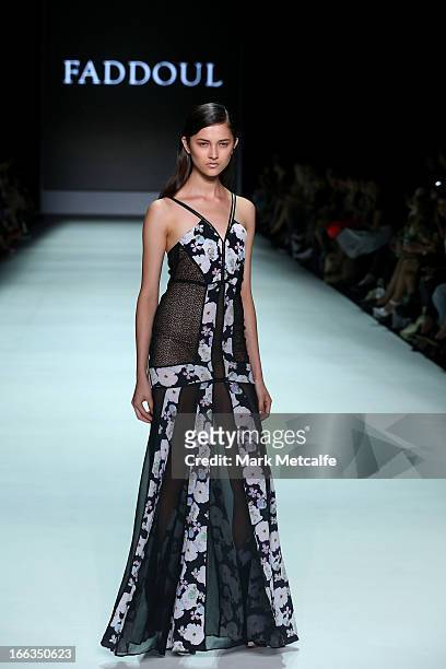 Model showcases designs by Faddoul on the runway at the New Generation show during Mercedes-Benz Fashion Week Australia Spring/Summer 2013/14 at...