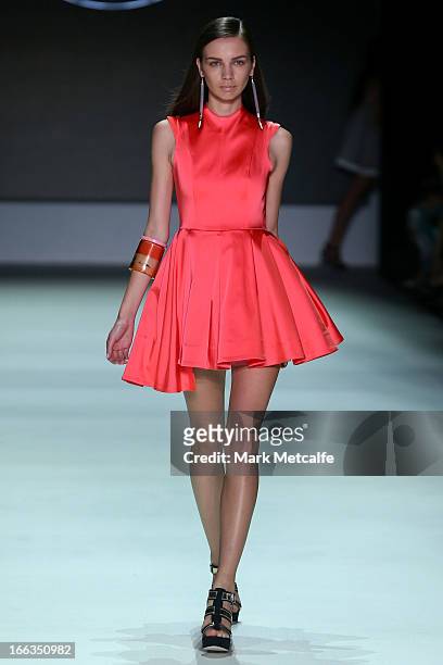 Model showcases designs by Natalie & Sarah on the runway at the New Generation show during Mercedes-Benz Fashion Week Australia Spring/Summer 2013/14...