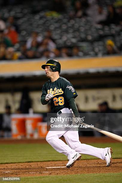 Scott Sizemore of the Oakland Athletics bats during the game against the Seattle Mariners at O.co Coliseum on April 3, 2013 in Oakland, California....