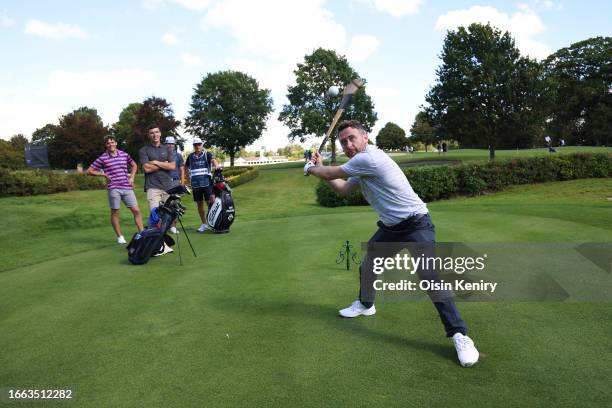 Comedian, Conor Moore tees off with a Hurley during the Pro-Am prior to the Horizon Irish Open at The K Club on September 06, 2023 in Straffan,...