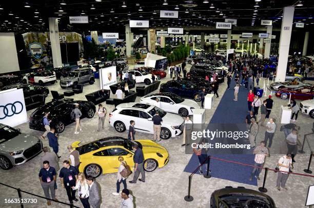 The showroom floor during the 2023 North American International Auto Show in Detroit, Michigan, US, on Wednesday, Sept. 13, 2023. The event showcases...