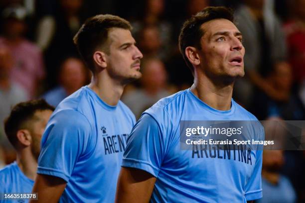 Carlos Delfino of Argentina sings the national anthem during FIBA Olympic Pre-Qualifying Tournament Final match between Bahamas and Argentina on...