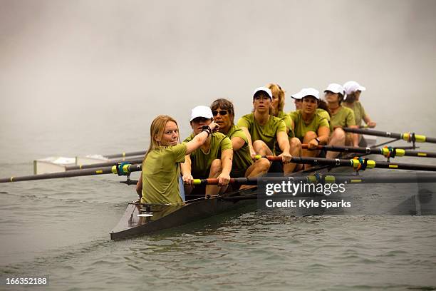 the lake casitas rowing team works some on drills at lake casitas in ojai, california. - sport rowing stock pictures, royalty-free photos & images