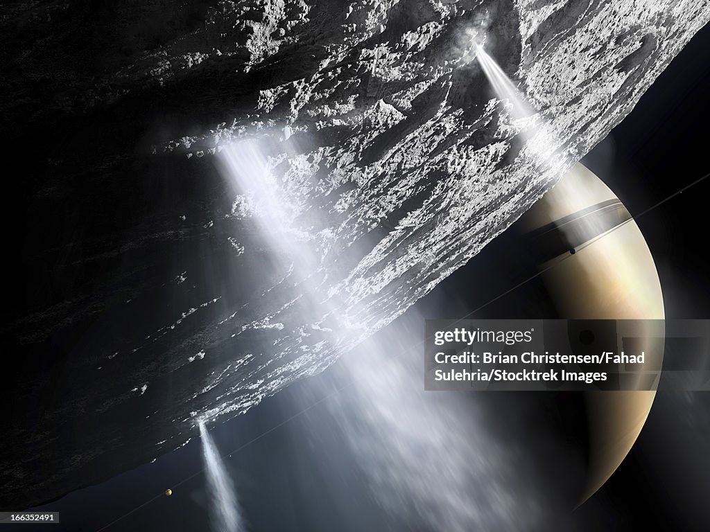 Geysers of Enceladus showing cryovolcanism near the South Pole of Enceladus.