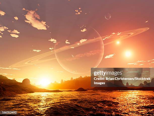 a scene on a distant moon orbiting a gas giant in a trinary star system. - dramatic lighting object stock illustrations