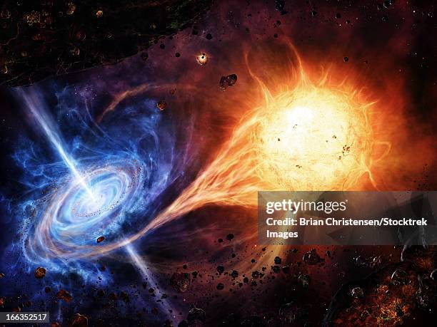 ilustrações, clipart, desenhos animados e ícones de a binary system orbiting near a black hole. - supernova