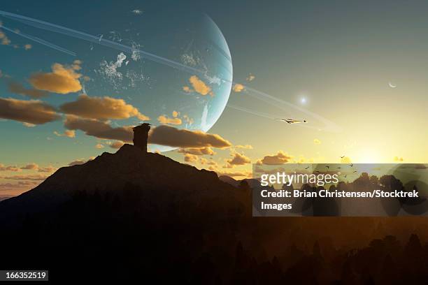 stockillustraties, clipart, cartoons en iconen met artist's concept of a sunset on a forested moon which orbits a heavily populated planet. both the planet and moon orbit around a binary system, consisting of a g class star and a neutron star. - neutron star