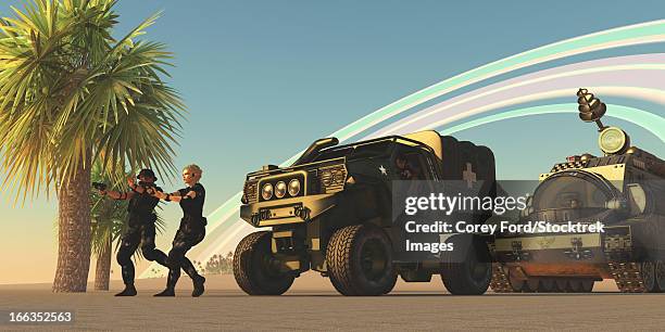 two special forces personnel draw their guns on an unknown enemy on a distant planet with rings orbiting in the sky. - car desert stock illustrations