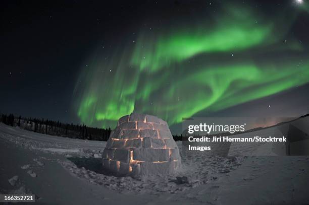 aurora borealis over an igloo on walsh lake, yellowknife, northwest territories, canada. - igloo isolated stock pictures, royalty-free photos & images