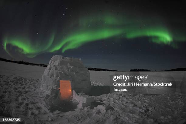 aurora borealis over an igloo on walsh lake, yellowknife, northwest territories, canada. - igloo isolated stock pictures, royalty-free photos & images