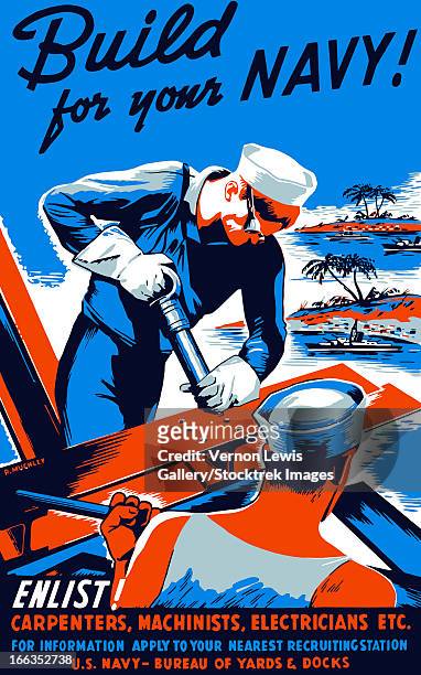 vintage world war ii poster showing two sailors building a ship. - us navy stock illustrations