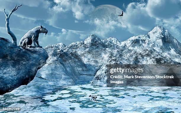 a lone sabre toothed tiger perched on a rock overlooking the wintery landscape below him. - prehistoric era stock illustrations