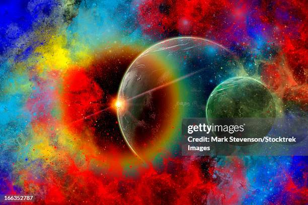 ilustrações de stock, clip art, desenhos animados e ícones de a distant alien world and it's moon surrounded by vibrant colored nebulous gas clouds and illuminated by it's sun. - distant
