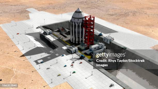 orion-drive spacecraft on a remote launchpad, transported from the assembly site via canal. - rocket launch tower stock illustrations