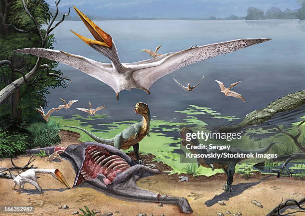 rugops primus dinosaurs and alanqa pterosaurs mortify a dead carcass. - paleozoic era stock-grafiken, -clipart, -cartoons und -symbole