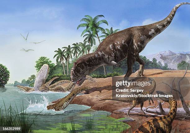 a majungasaurus grabs the tail of a crocodilian mahajangasuchu. - cretaceous stock illustrations