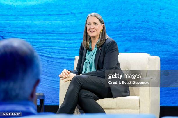 Of PG&E, Patti Poppe, speaks onstage during GE The Lean Mindset: The Pursuit Of Progress Event at Chelsea Industrial on September 06, 2023 in New...